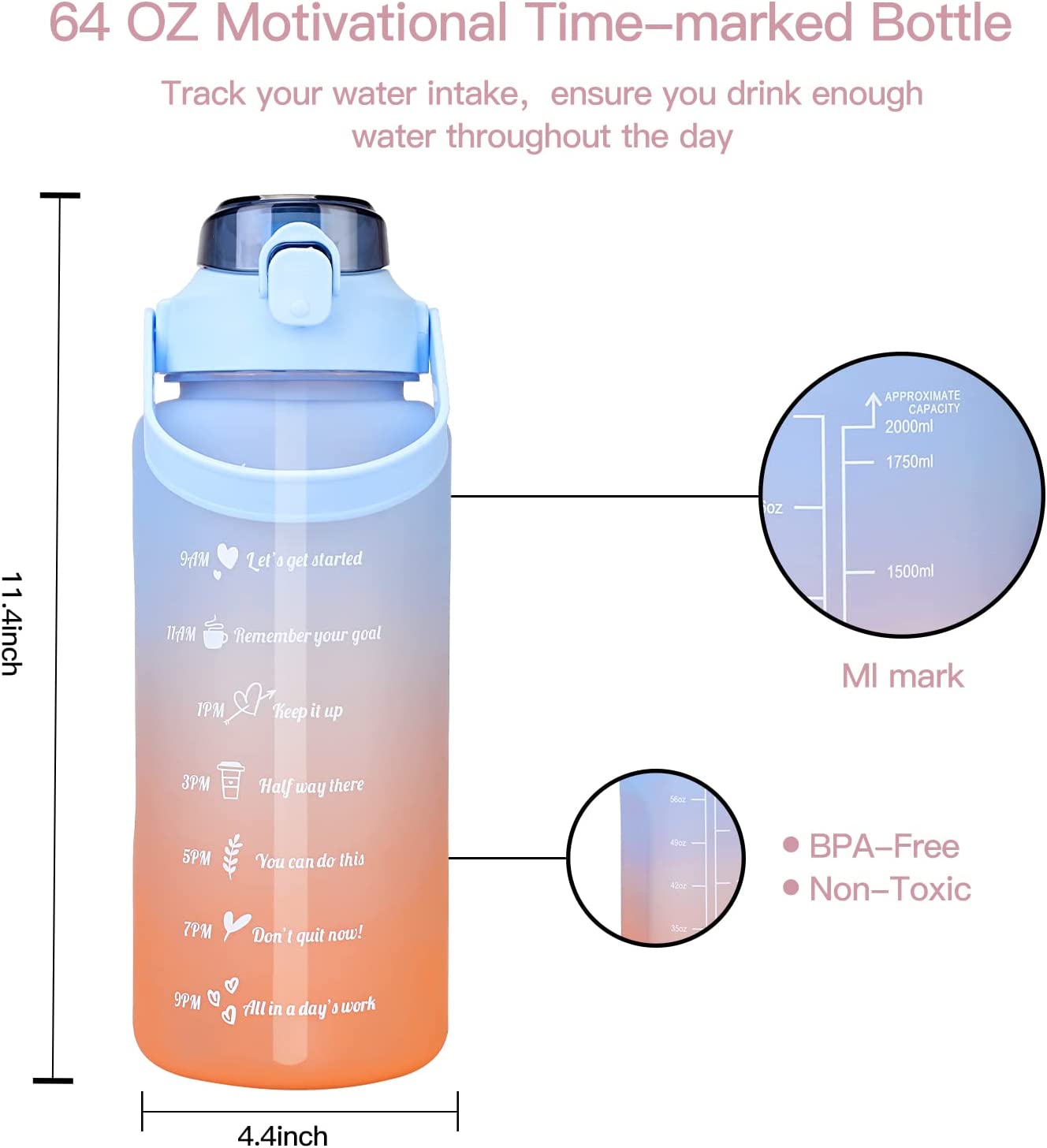 Termo Botella de Agua Motivacional con Pitillo 2 Litros Morado