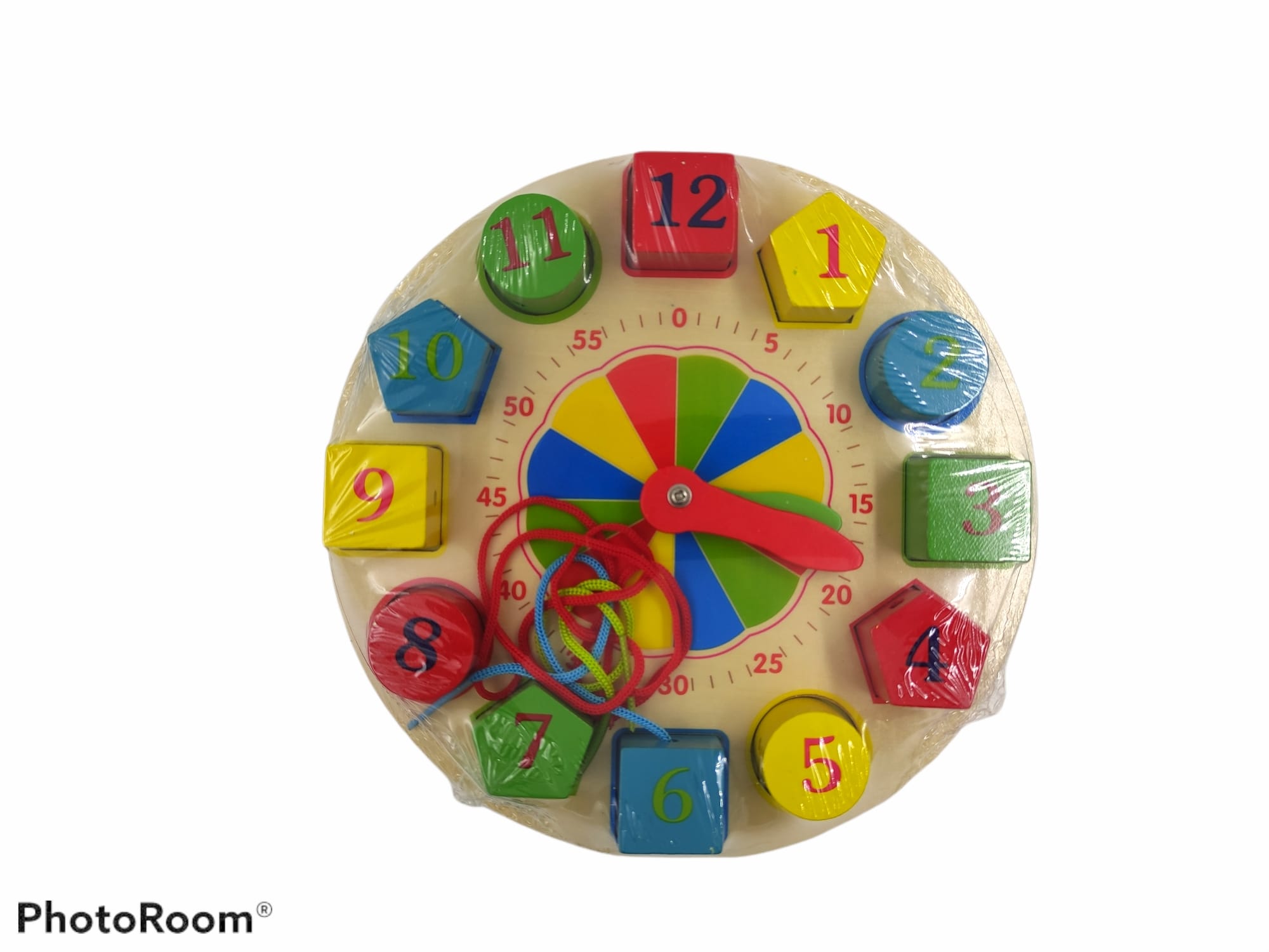 Reloj de enseñanza de madera para aprender los números, horas, colores y formas