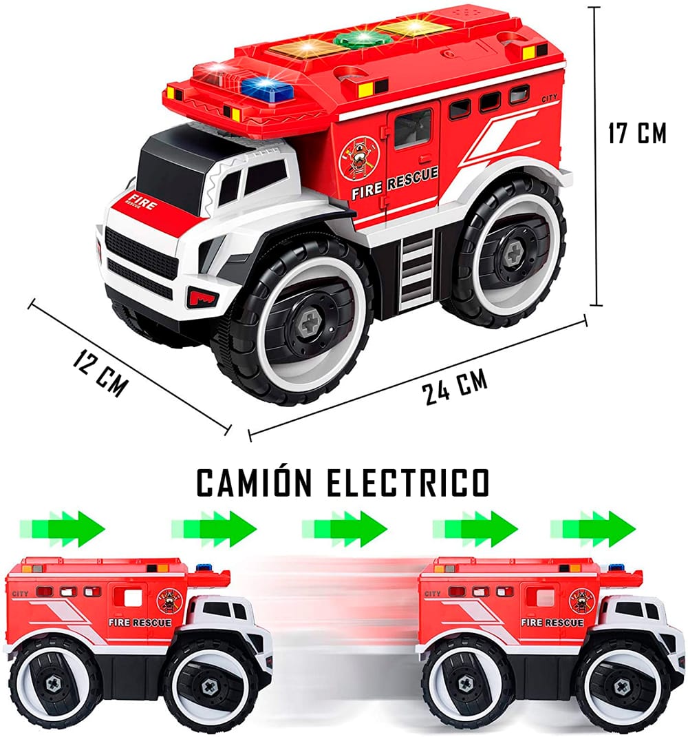Camión de bomberos eléctrico desarmable con luces intermitentes, sonidos de sirena y destornillador eléctrico