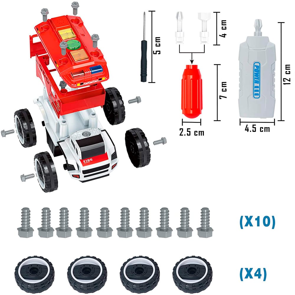Camión de bomberos eléctrico desarmable con luces intermitentes, sonidos de sirena y destornillador eléctrico